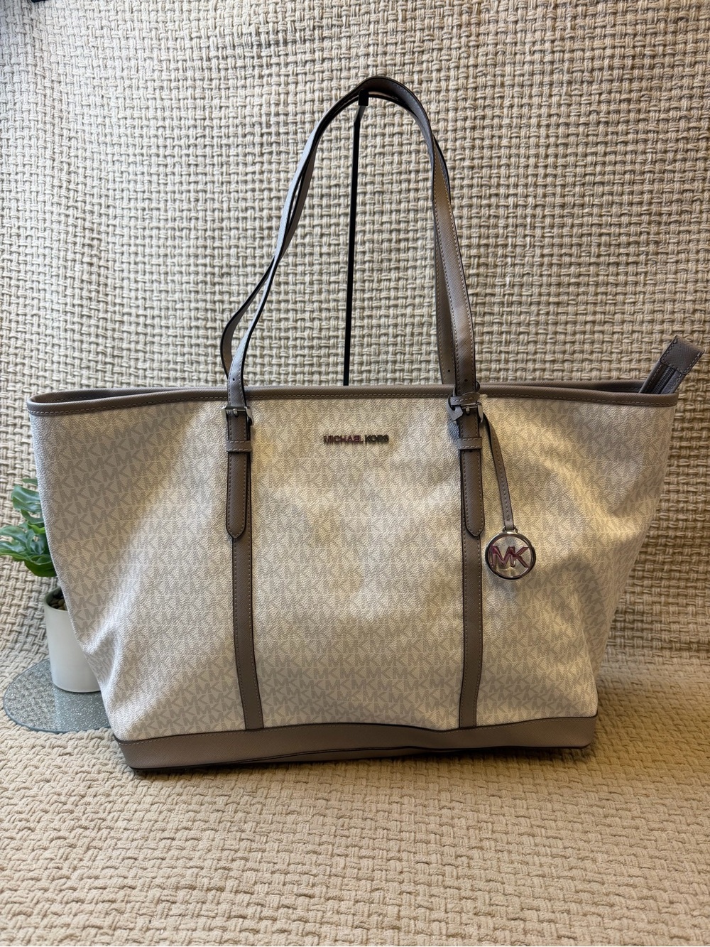 MICHAEL Michael Kors Cream Logo Tote with Taupe Trim